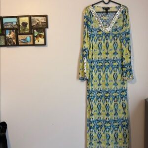 INC International Concepts Ikat Design Sequin Semi Sheer maxi Cover Up Dress L